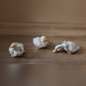 Vintage Porcelain White Duck Figurine Set with Floral Accents - 3 Pieces